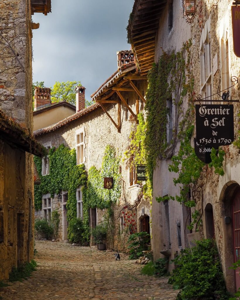 A cozy guesthouse in Perouges, surrounded by greenery and cobblestone streets 