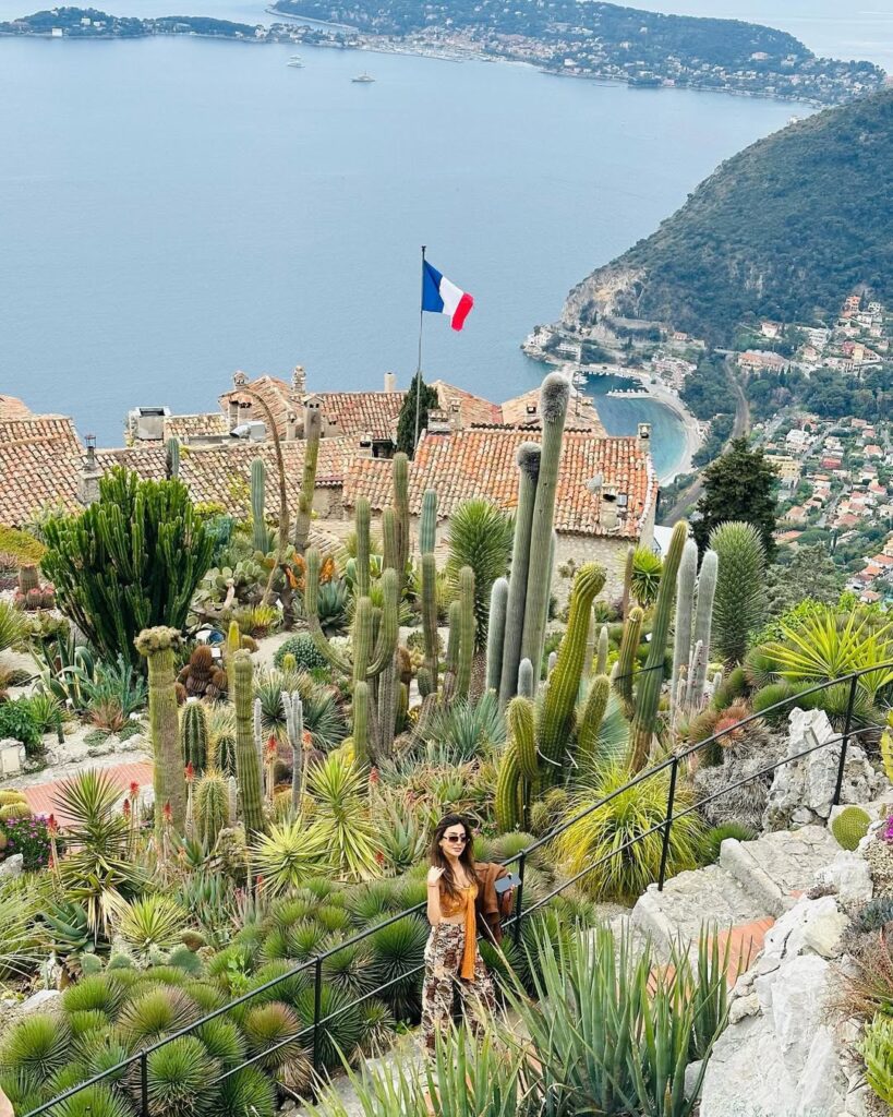 A serene view of the Mediterranean coastline from a hilltop village near Nice.