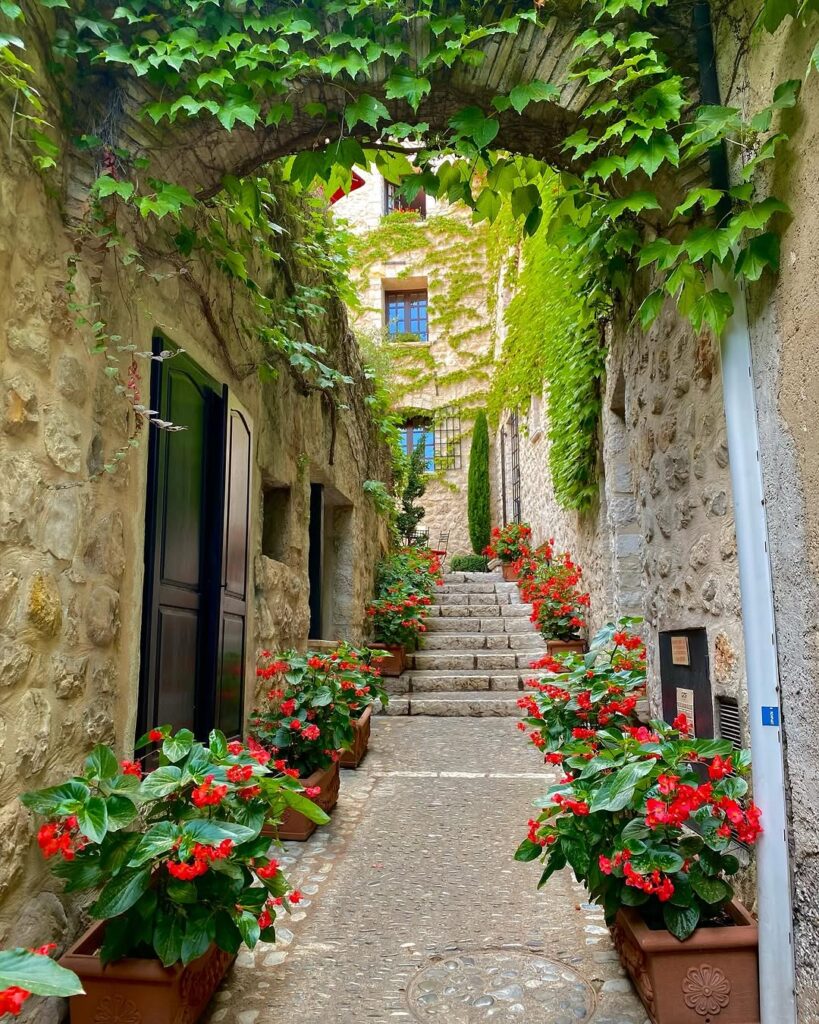 The charming streets of Eze, adorned with flowers and stone facades.