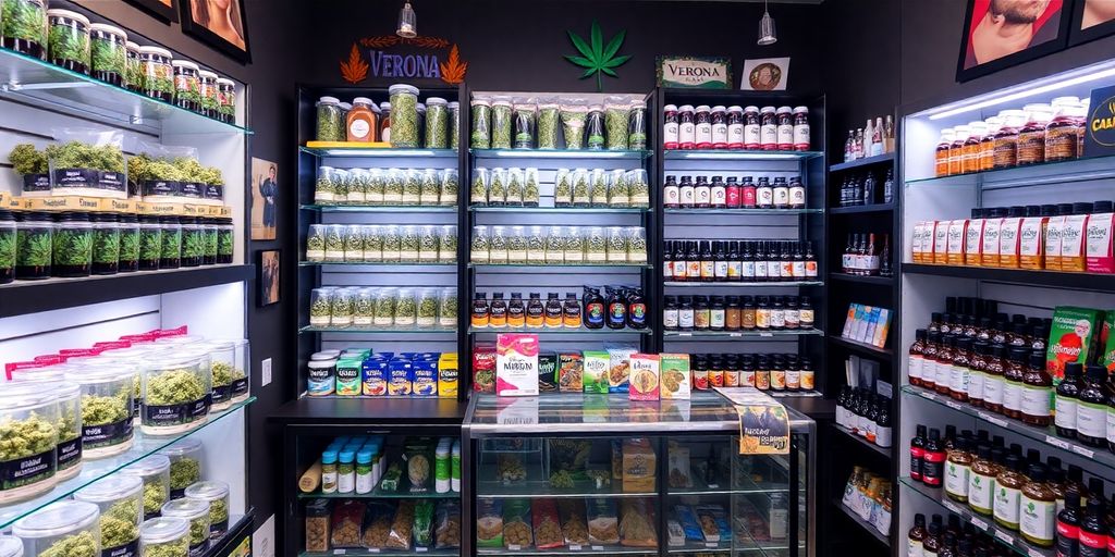 Weed products in a Verona dispensary setting.