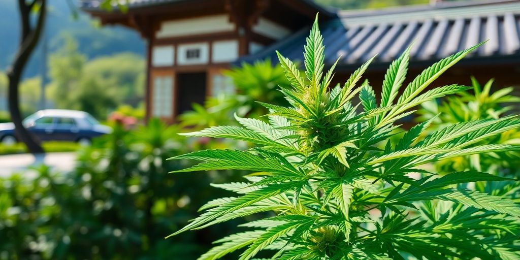 Lush weed plant in a serene Hiroshima landscape.