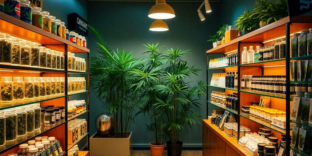 Weed dispensary interior with various products on display in Melbourne.