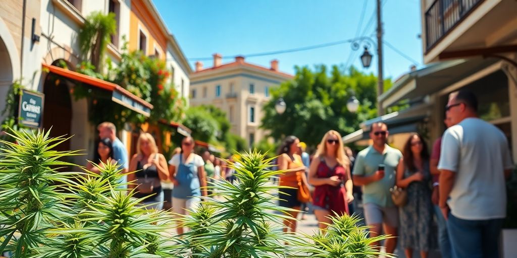 Cannabis plants and locals enjoying a sunny Naples day. Naples weed Telegram communities 