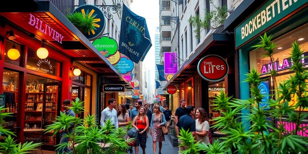 Brisbane street with weed plants and vibrant storefronts.