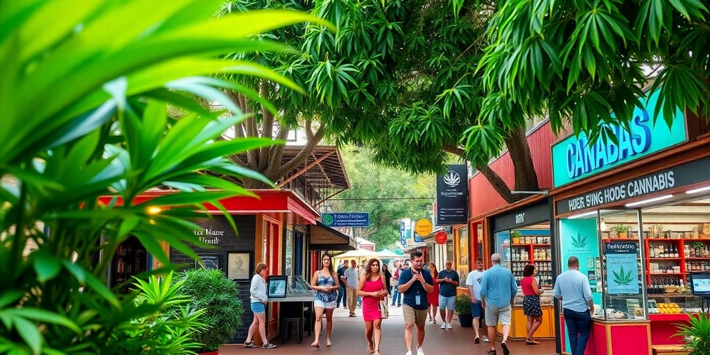 Colorful weed shops in a vibrant Cairns street.