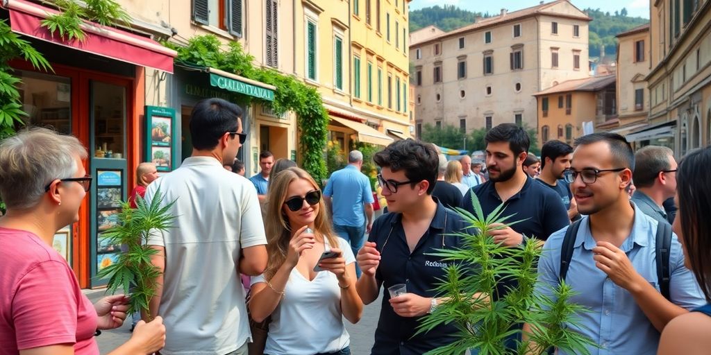 People enjoying weed in a lively Pisa street.