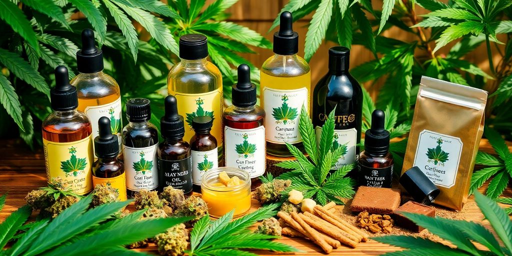 Various cannabis products on a wooden table with leaves. Weed Telegram Community Adelaide