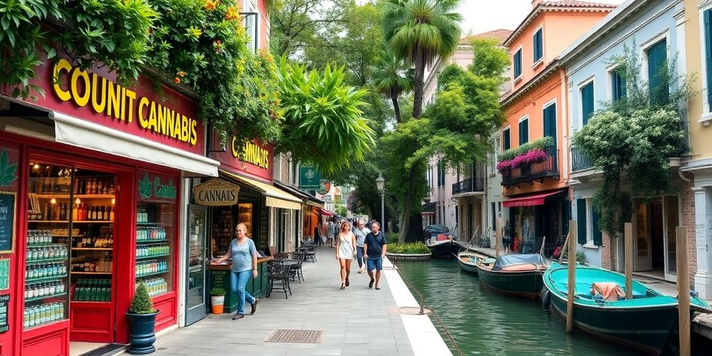 Colorful weed shops along Venice canals with people to Telegram.