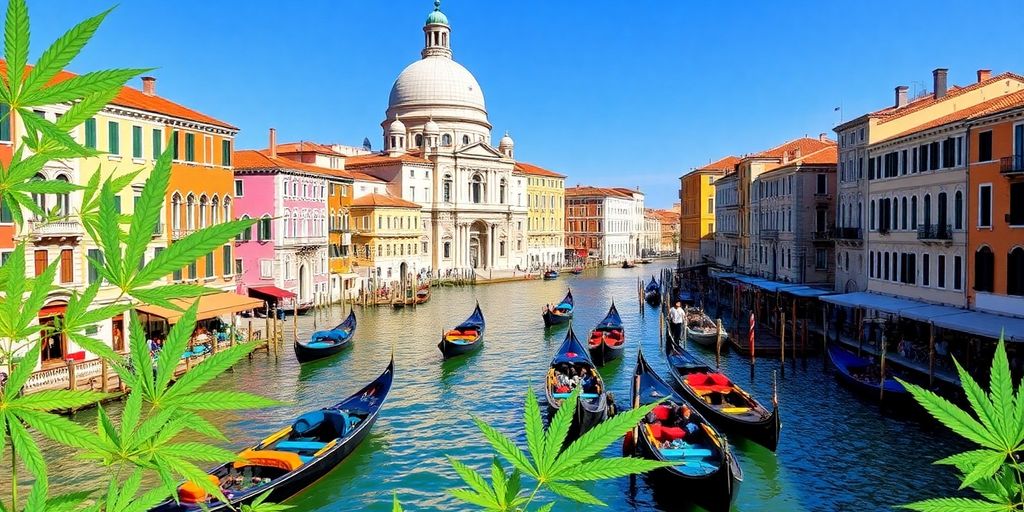 Weed leaves and gondolas in the Venice canals.