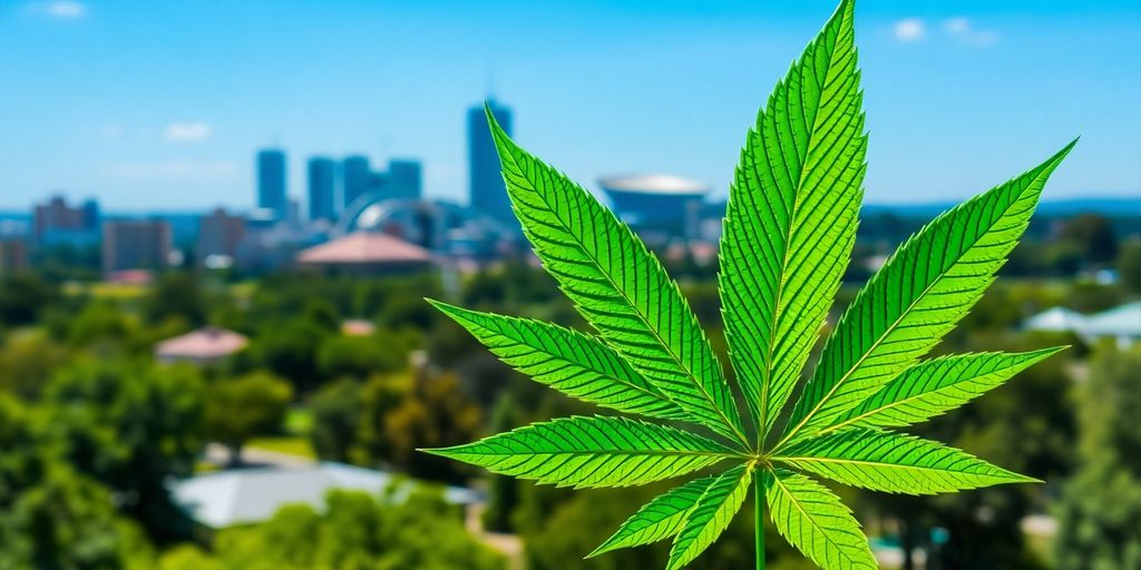 Cannabis leaf with Canberra skyline in background in telegram communities.