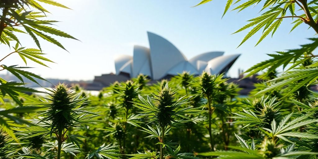 Lush weed plants with Sydney Opera House backdrop on Telegram community.