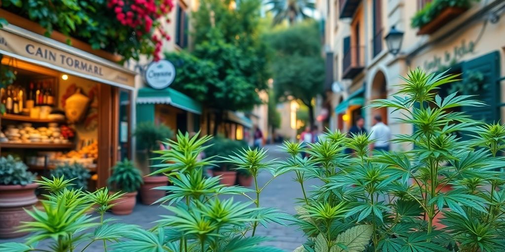 Weed plants in pots on a sunny Sorrento street.