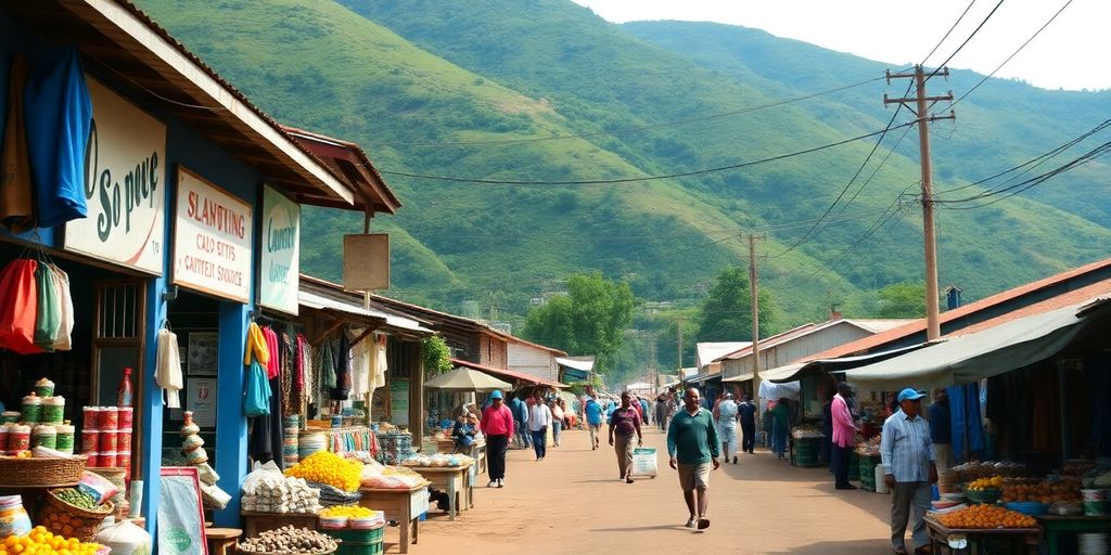 Local market scene in Gisenyi weed, with greenery and vendors.