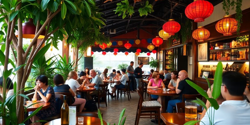 Café in Hội An with patrons enjoying drinks outdoors weed smoke.