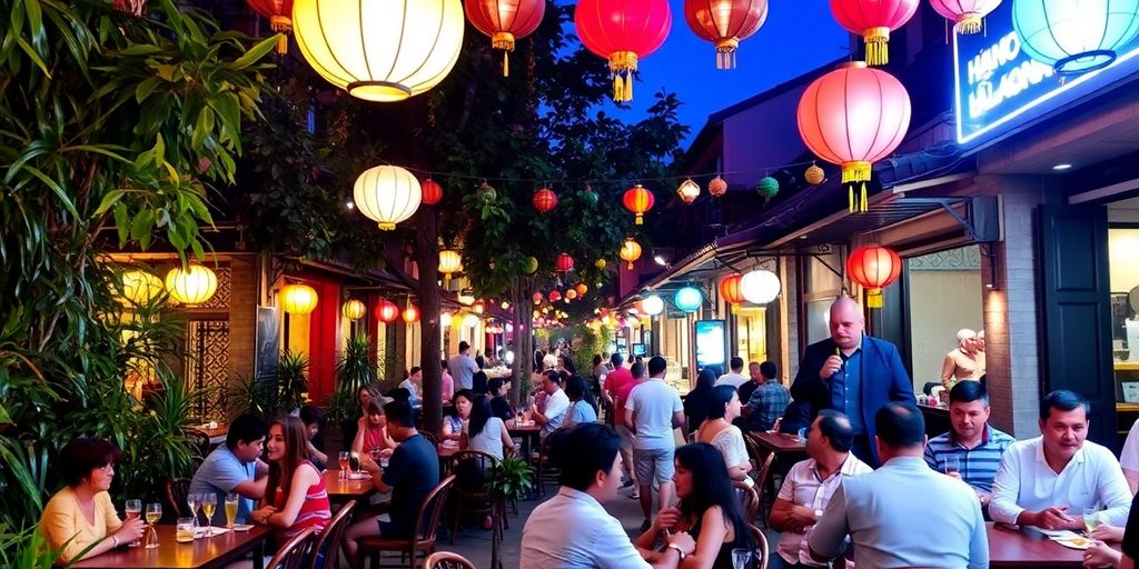 Bustling weed night scene in Hội An with colourful lanterns.