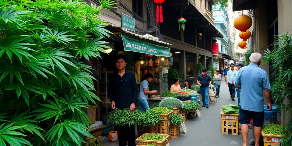 Lush green weed plants in a bustling Hanoi market.