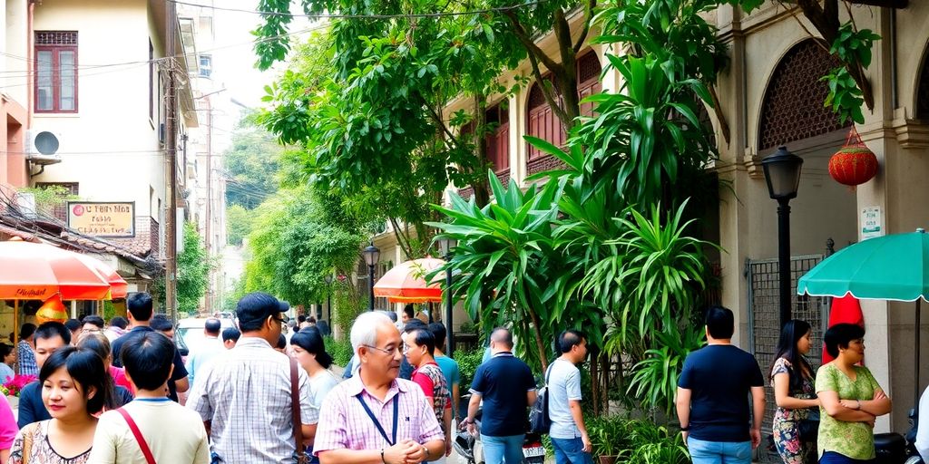 Hanoi street scene with greenery and local weed culture.