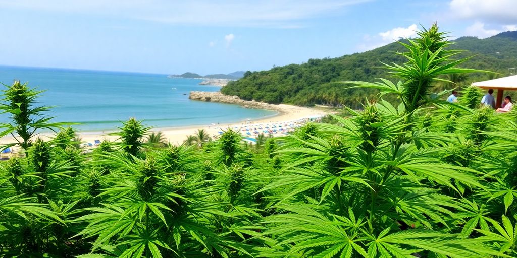 Weed plants with Nha Trang beach in the background.