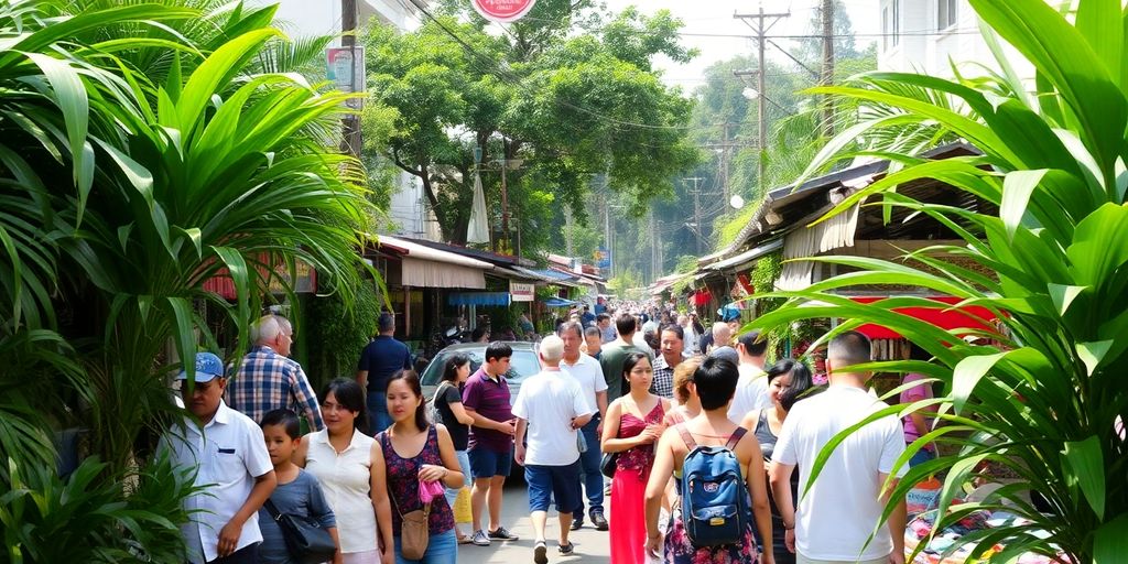 Street weed scene in Nha Trang with tourists and greenery.