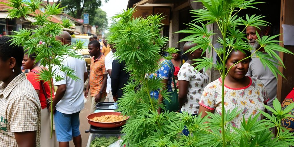 Local market scene with weed plants in Kigali.