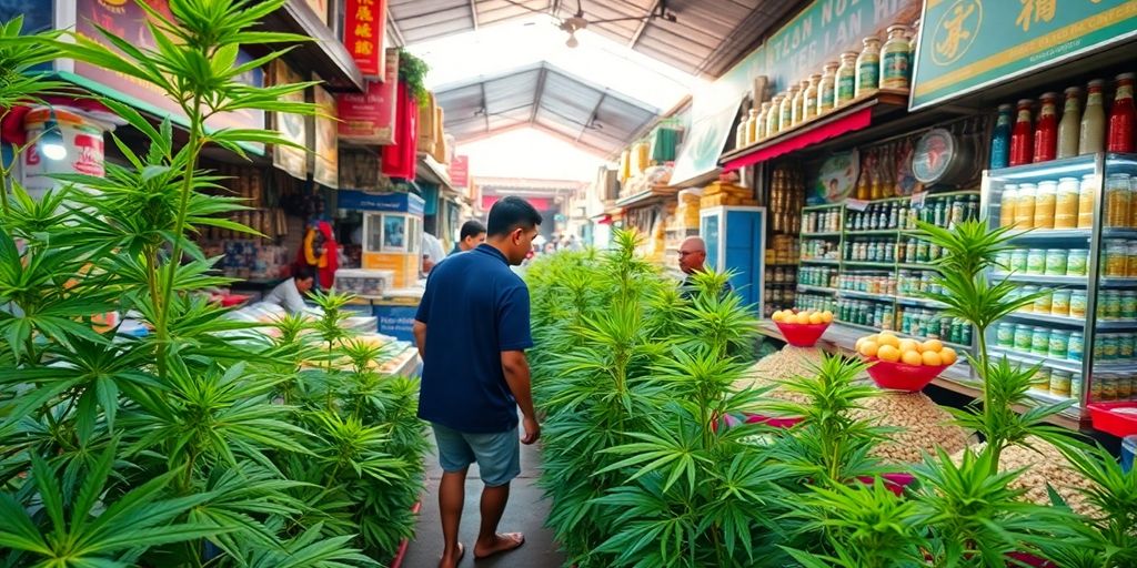 Weed plants and products in Phan Thiet market.