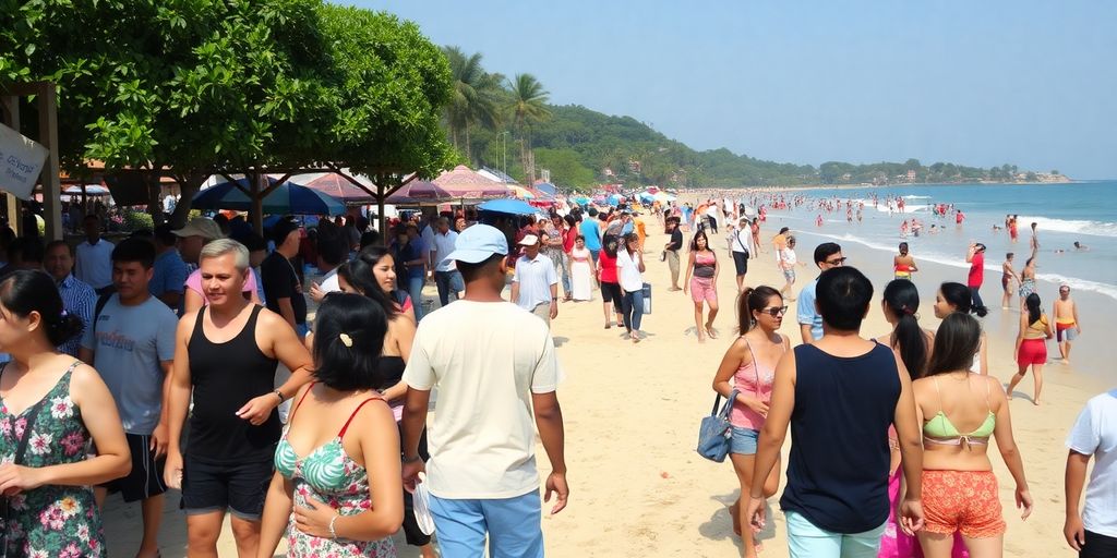 Busy beach scene in Vung Tau with people enjoying weed.