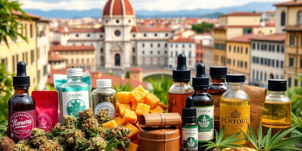 Weed products with Florence architecture in background.