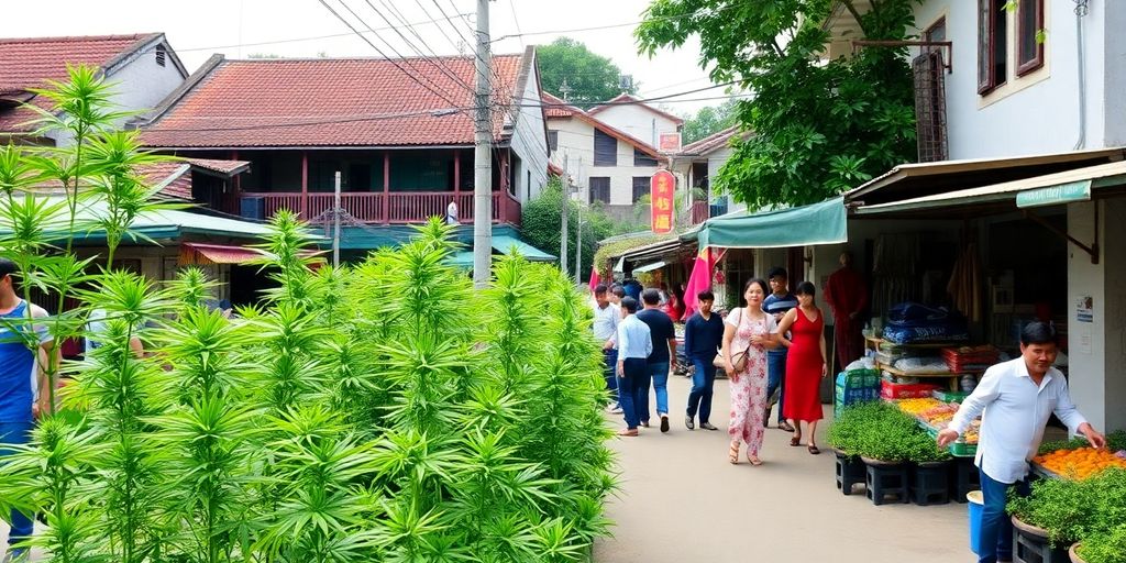 Street scene with weed plants and Vietnamese architecture in Thua Thien Hue.