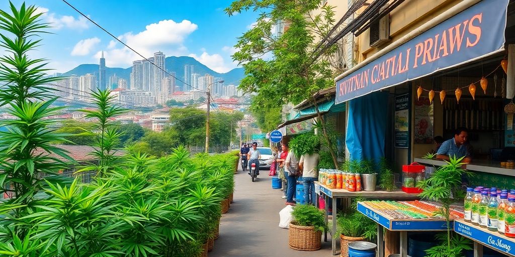 Weed plants and vendors in Da Nang, Vietnam.