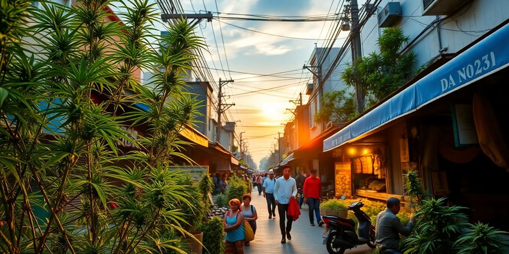 Lush cannabis plants in a bustling Da Nang street.