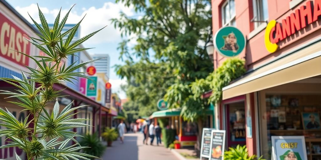 Colorful shops and weed leaves in Perth.