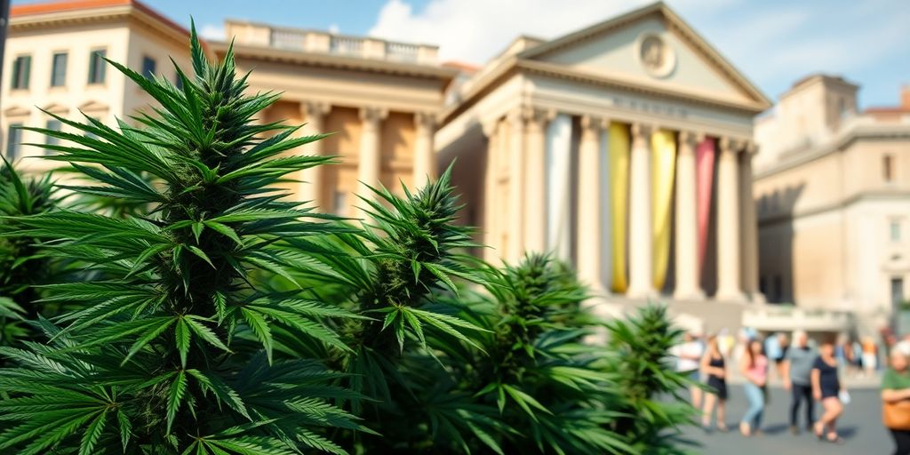 Cannabis plants with Roman architecture in the background. Weed in Rome via telegram.