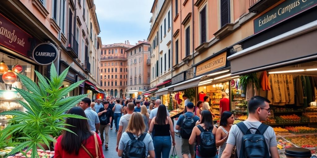 Street scene in Rome with weed plants in view.